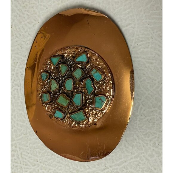 Vintage Belt Buckle Solid Copper Turquoise Inlay Nickel Silver Bell - Picture 5 of 16